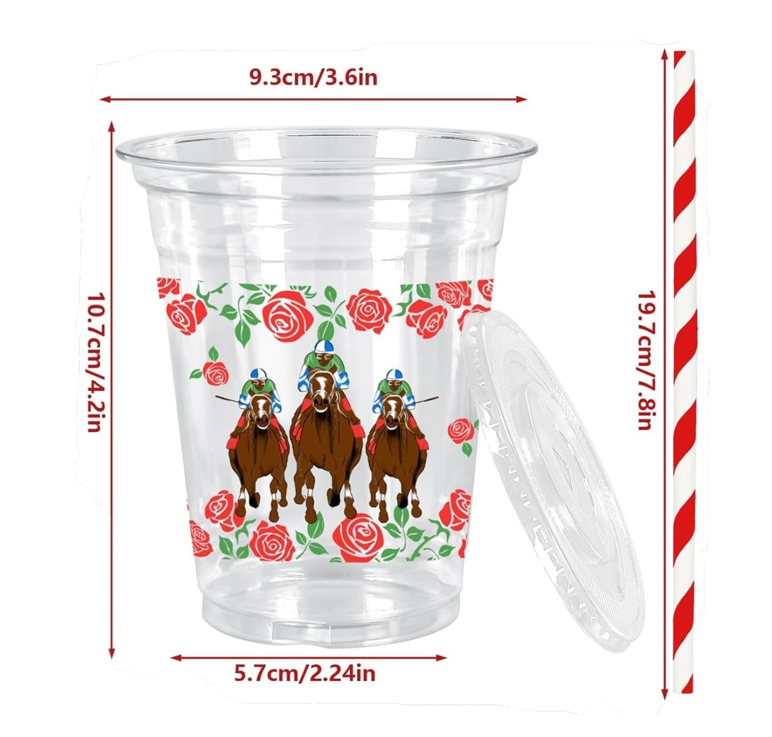 Clear plastic cup with horse design and measurements on a white background