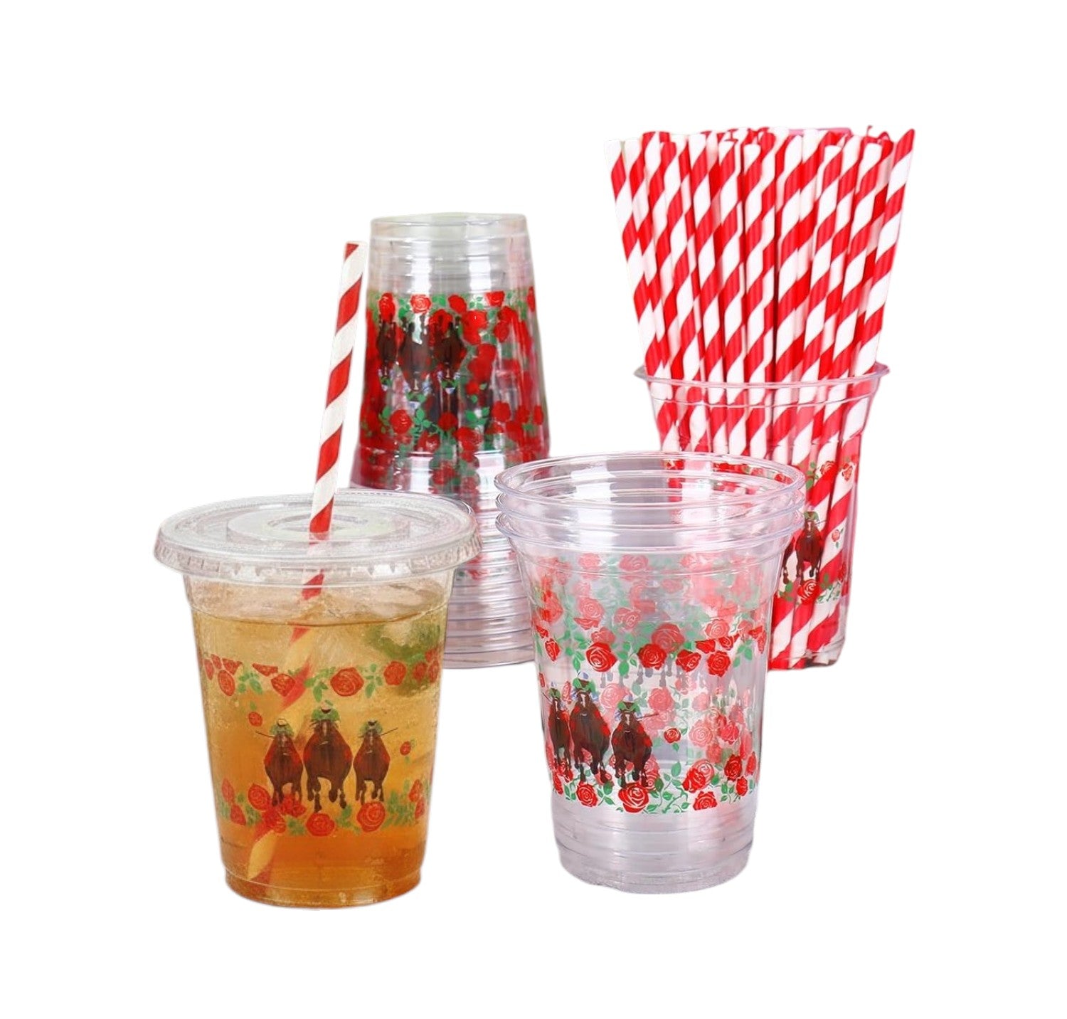 A clear 12oz plastic cup featuring a horse racing and red rose design, complete with a clear flat lid and a red-and-white striped paper straw, placed next to a neat stack of matching cups.