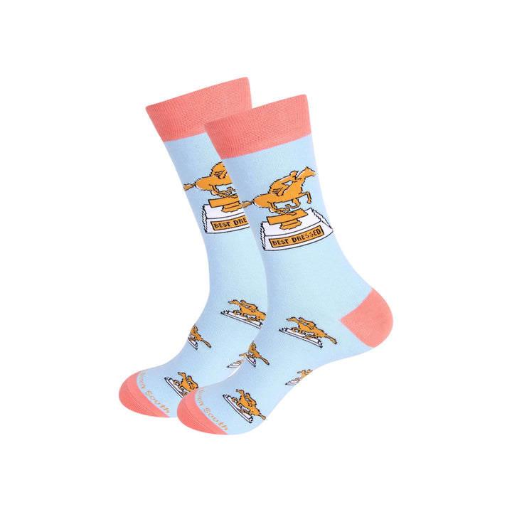 Light blue socks with pink accents and a horse design on a white background