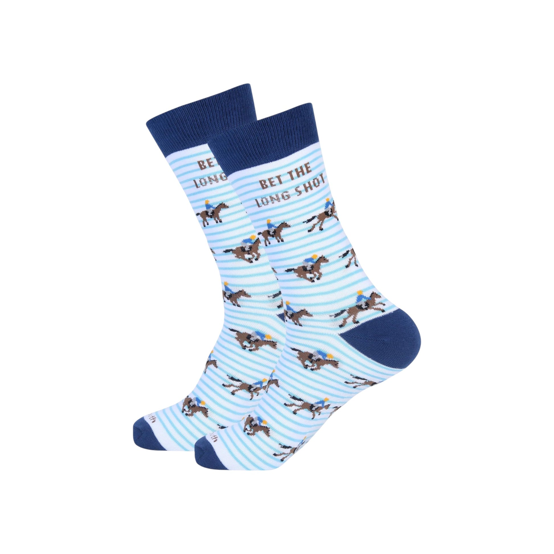 Blue and white striped socks with horse racing design on a white background