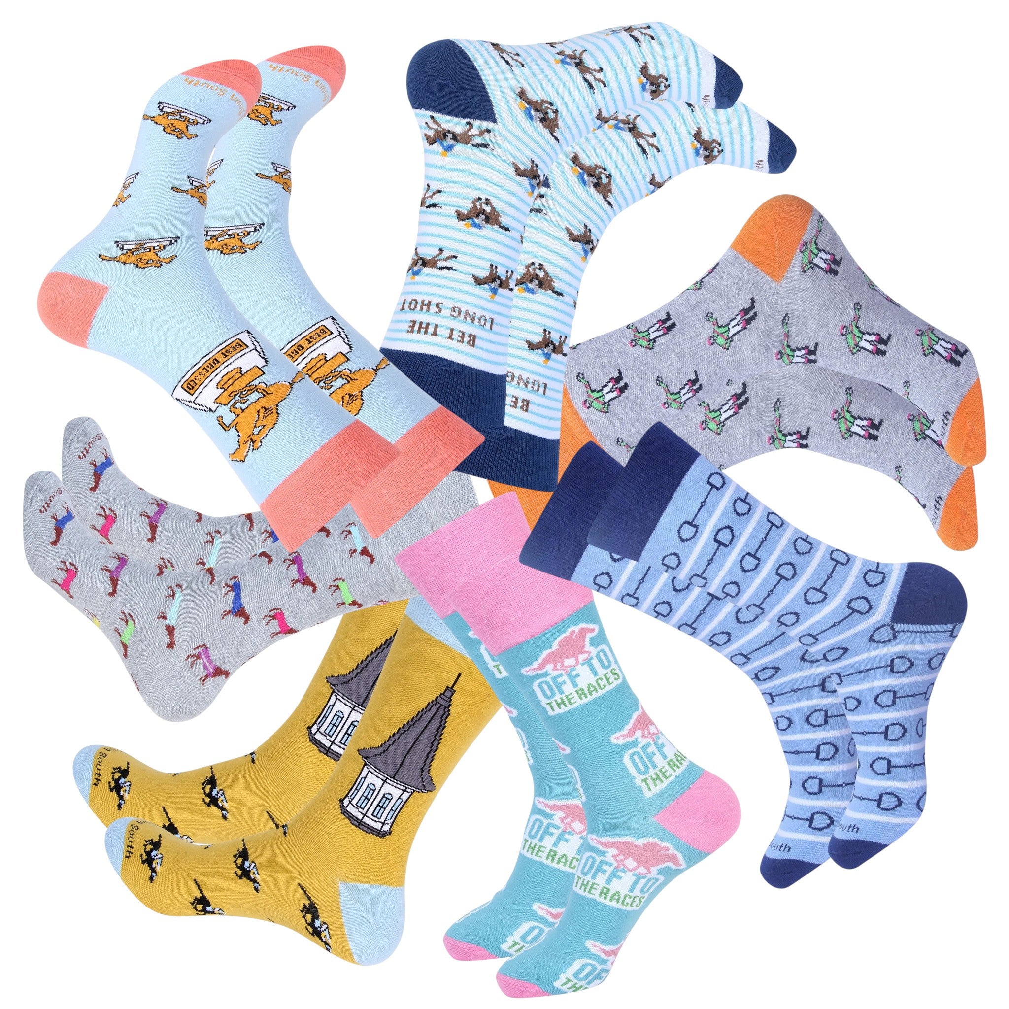 Set of colorful socks with various patterns on a white background