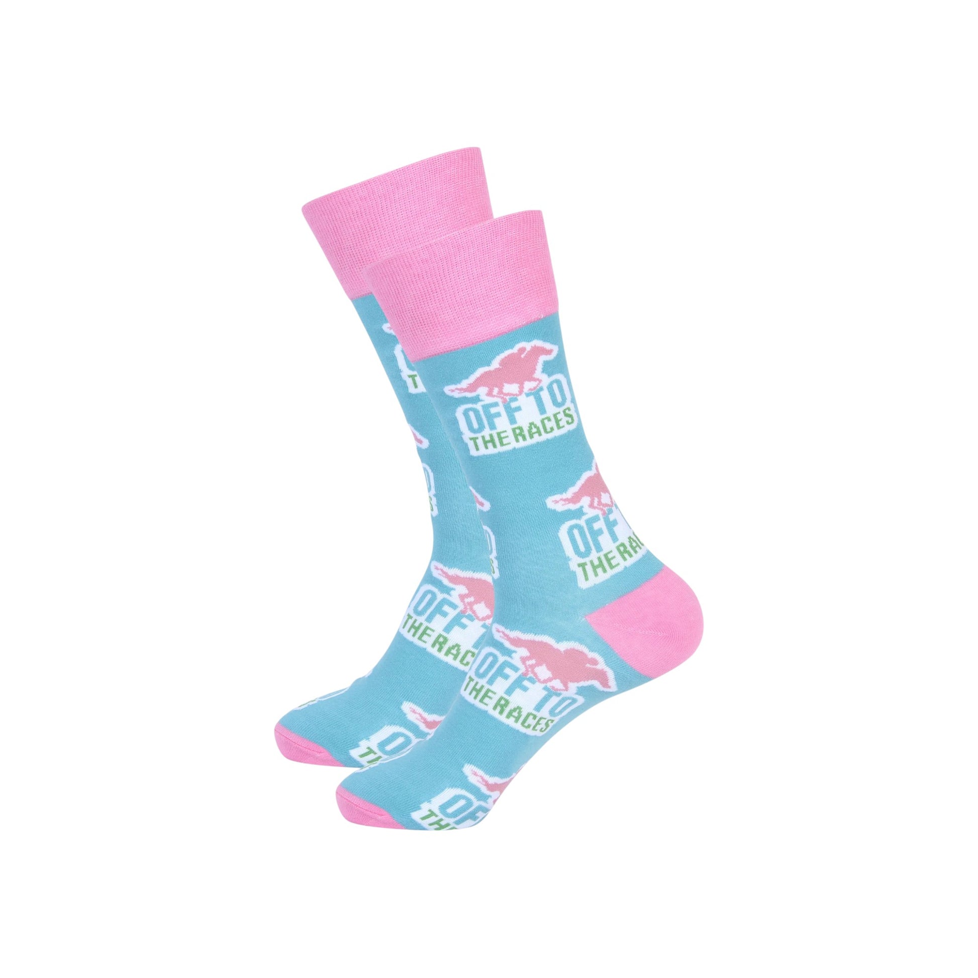 Blue socks with pink accents and text on a white background