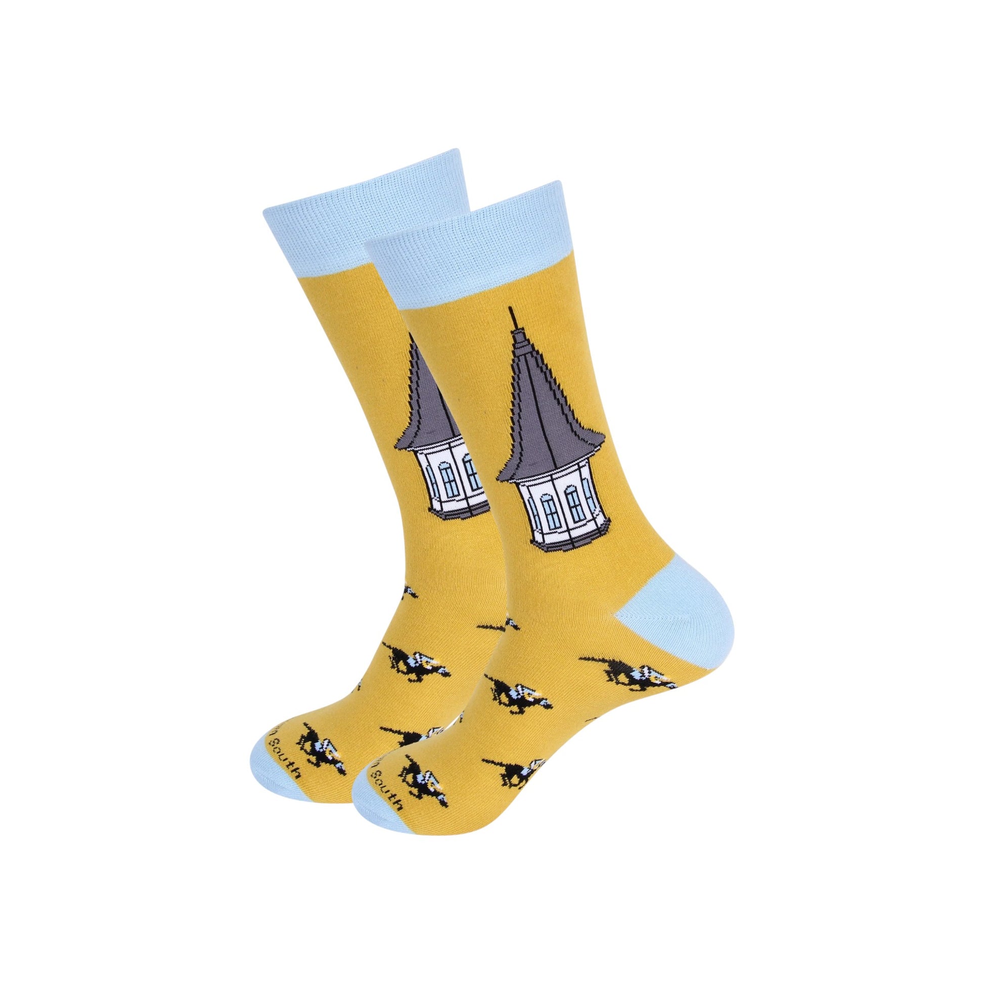 Yellow socks with blue accents and architectural design on a white background