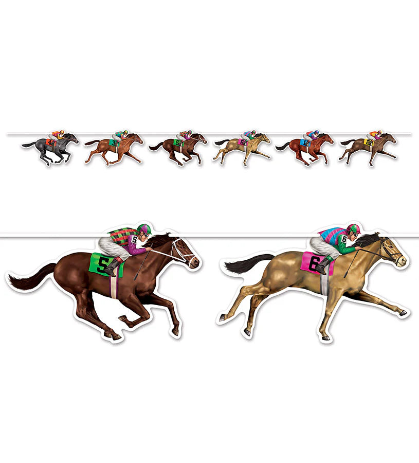 Horse Racing Streamer featuring jockeys and horses, perfect for Derby-themed decorations.