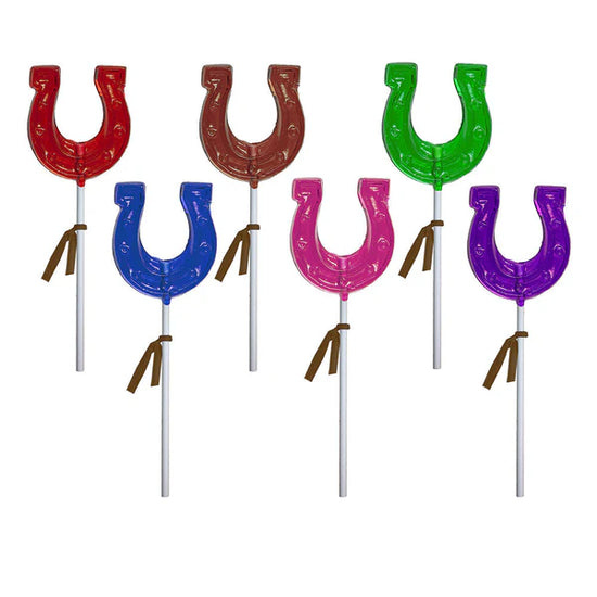 Set of colorful horseshoe-shaped lollipops on sticks against a white background