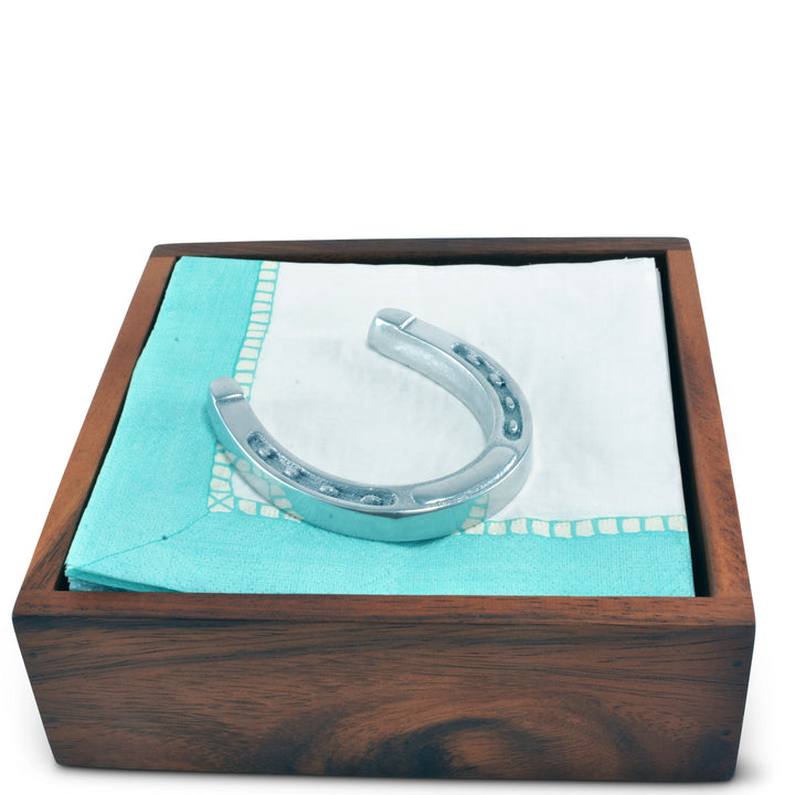 Silver horseshoe in a wooden box with a turquoise cloth