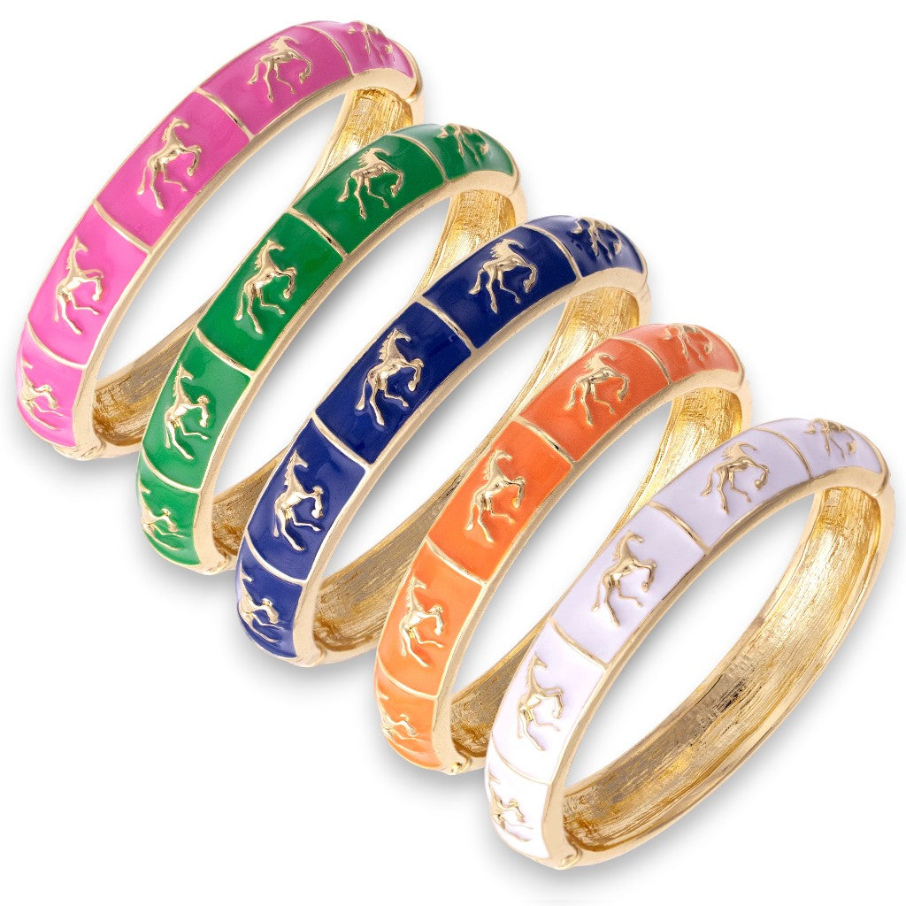 A group shot of the Horsin' Around Sculpted Enamel Hinge Bangles in pink, green, blue, orange, and white.