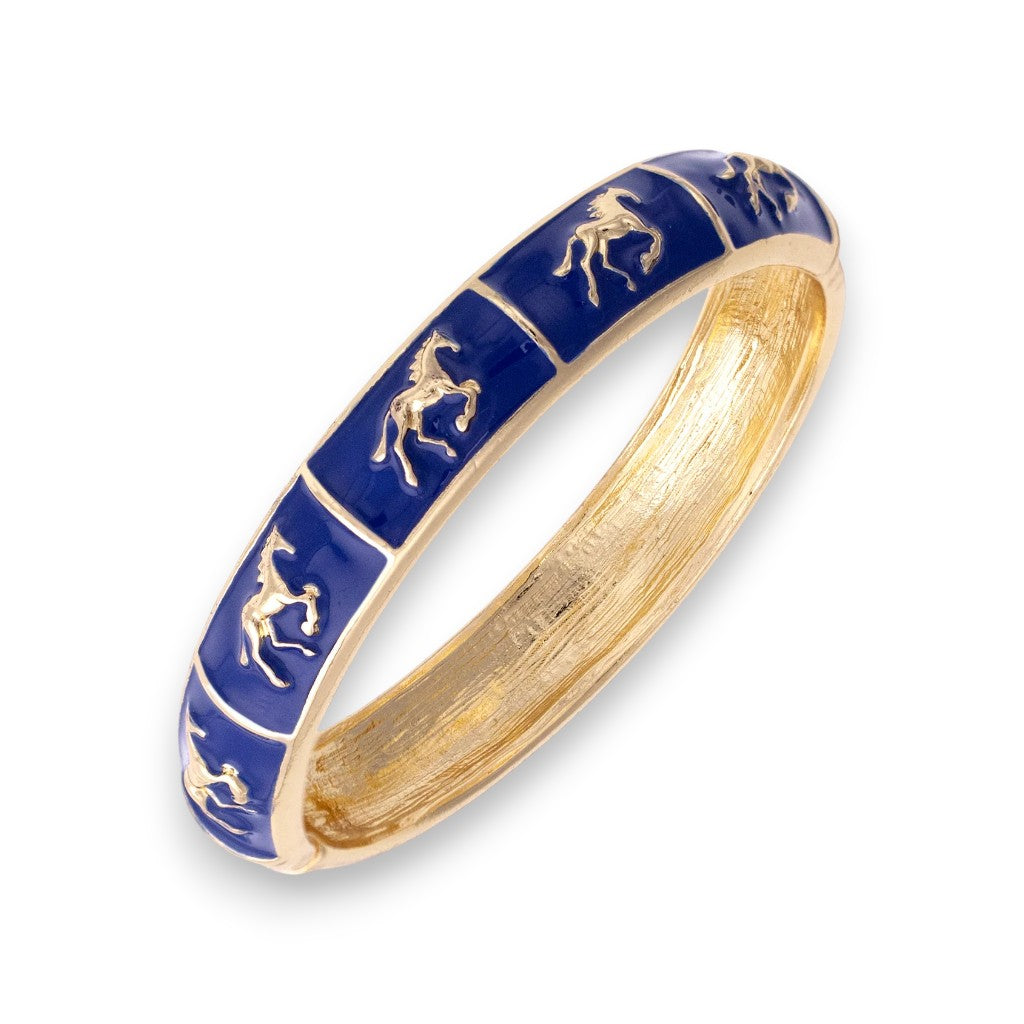 Close-up of the Horsin' Around Bangle in deep blue enamel.