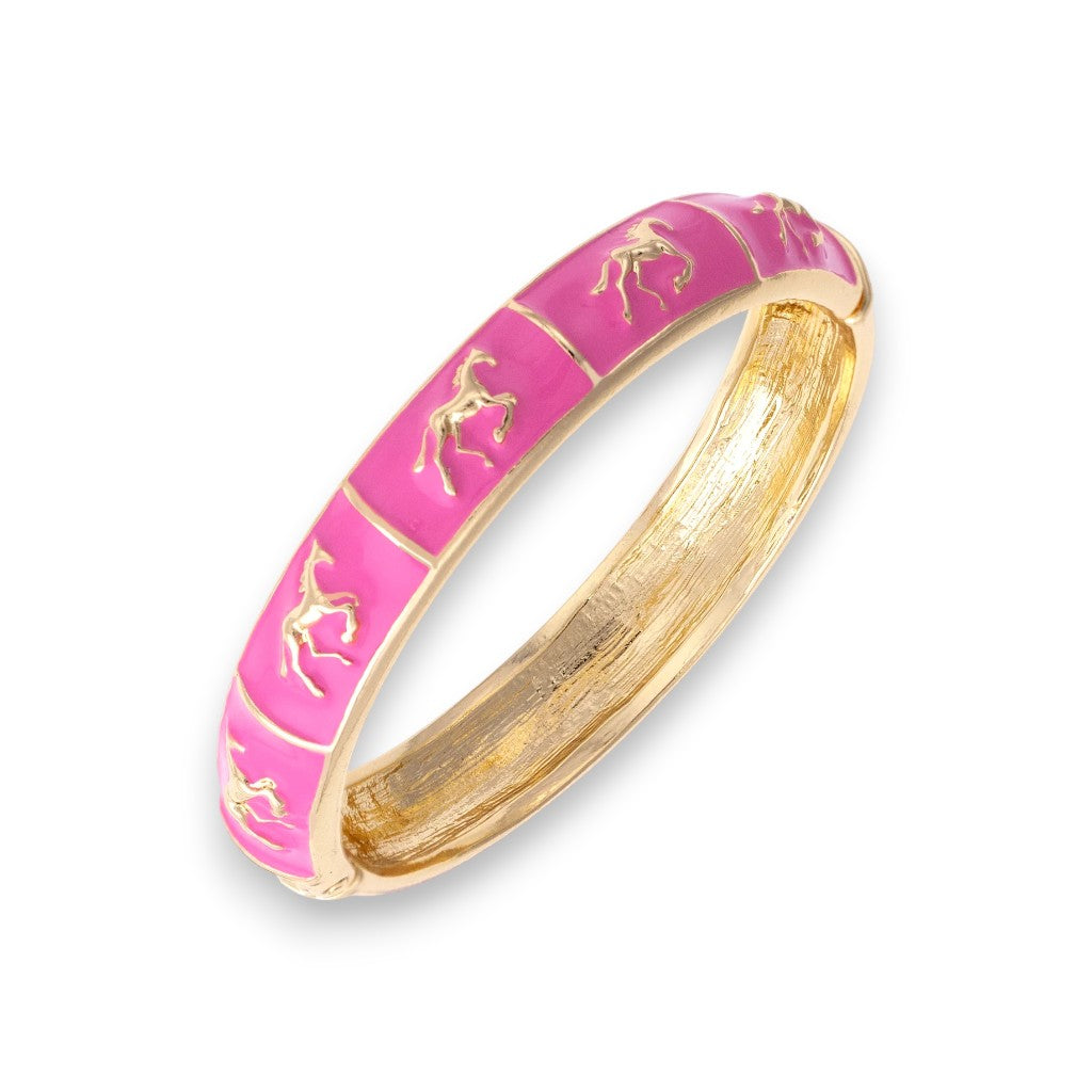 Close-up of the Horsin' Around Bangle in pink enamel.