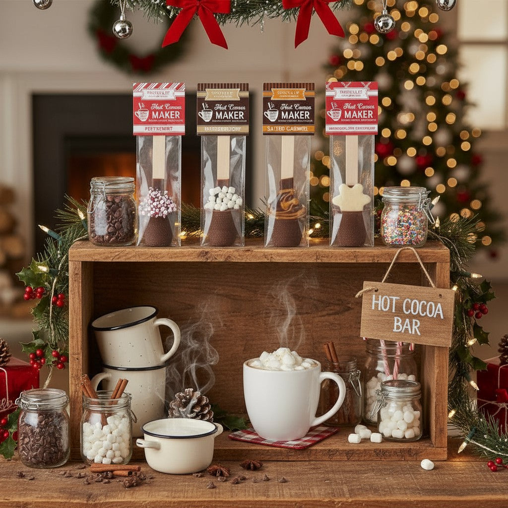 A holiday hot cocoa bar setup featuring mugs, whipped cream, and a display of all four hot chocolate spoon flavors.