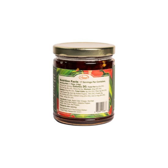 The side label of the hot pepper jelly jar displaying the nutrition facts and ingredients.