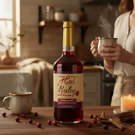 Bottle of 'Hot Ruby' cranberry cider on a kitchen counter with a person holding a steaming mug.
