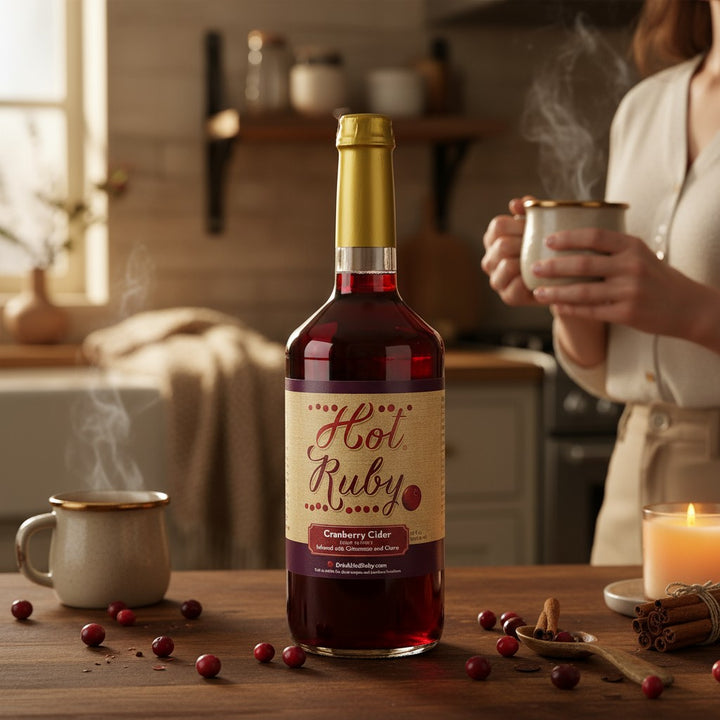 Bottle of 'Hot Ruby' cranberry cider on a kitchen counter with a person holding a steaming mug.
