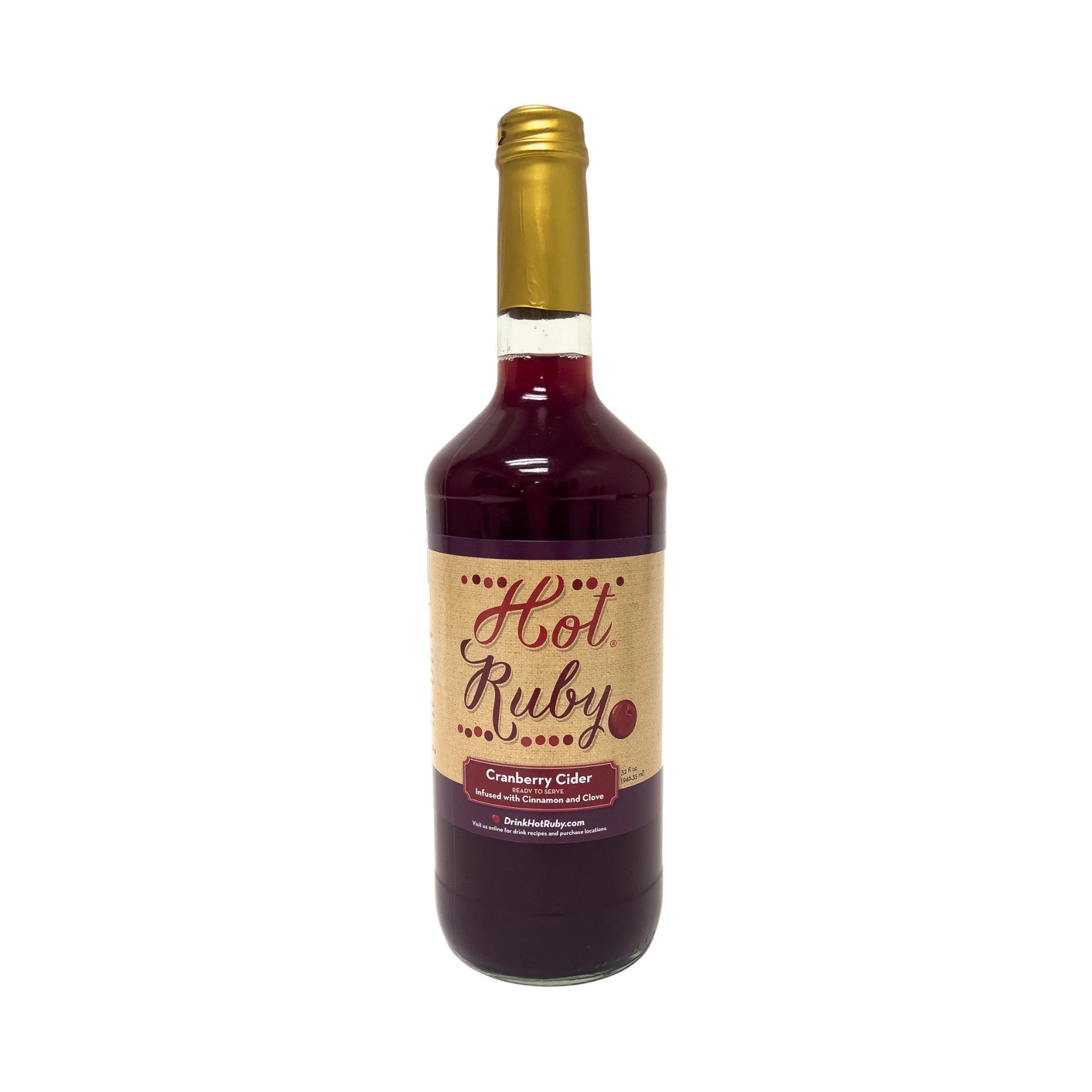 Bottle of Hot Ruby Cranberry Cider on a white background