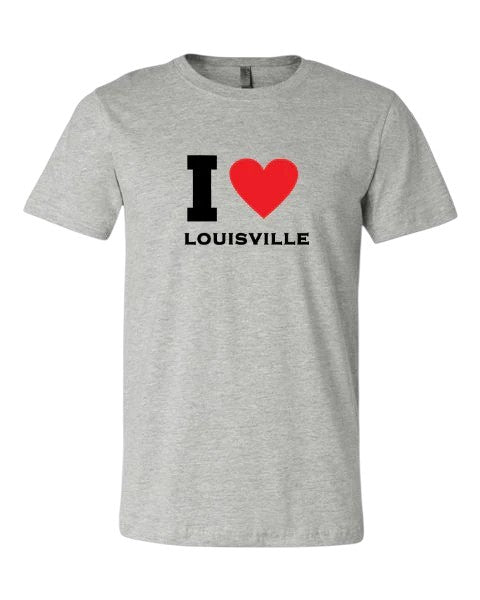Gray t-shirt with 'I ❤️ LOUISVILLE' text on a white background