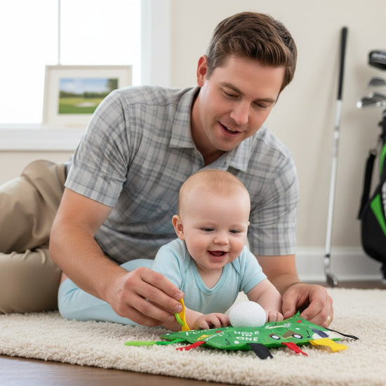 An infant engaged in tummy time, reaching for a brightly colored crinkle tag square.