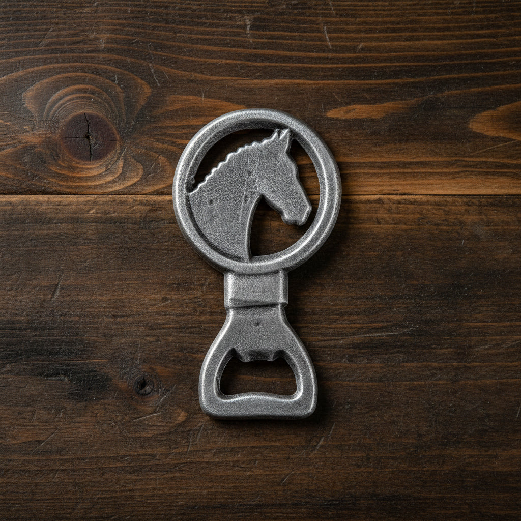 The cast iron Horse Bottle Opener shown on a wooden bar top.