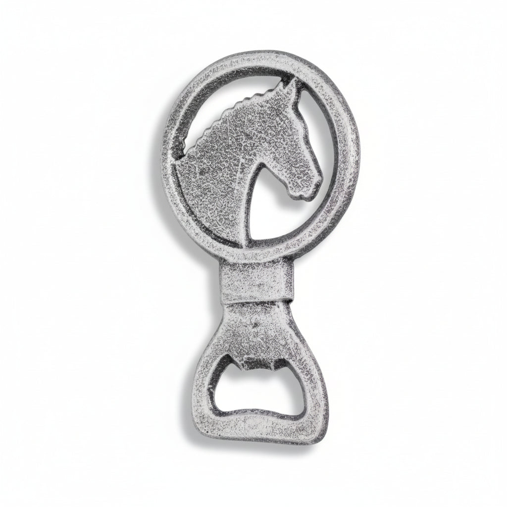 Metal bottle opener with horse design on a white background
