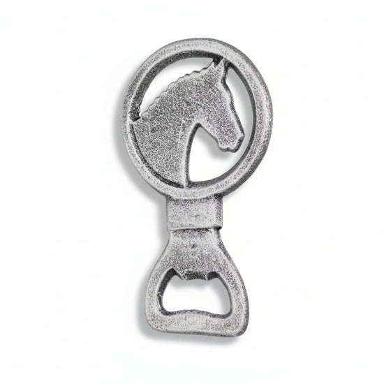 Metal bottle opener with horse design on a white background
