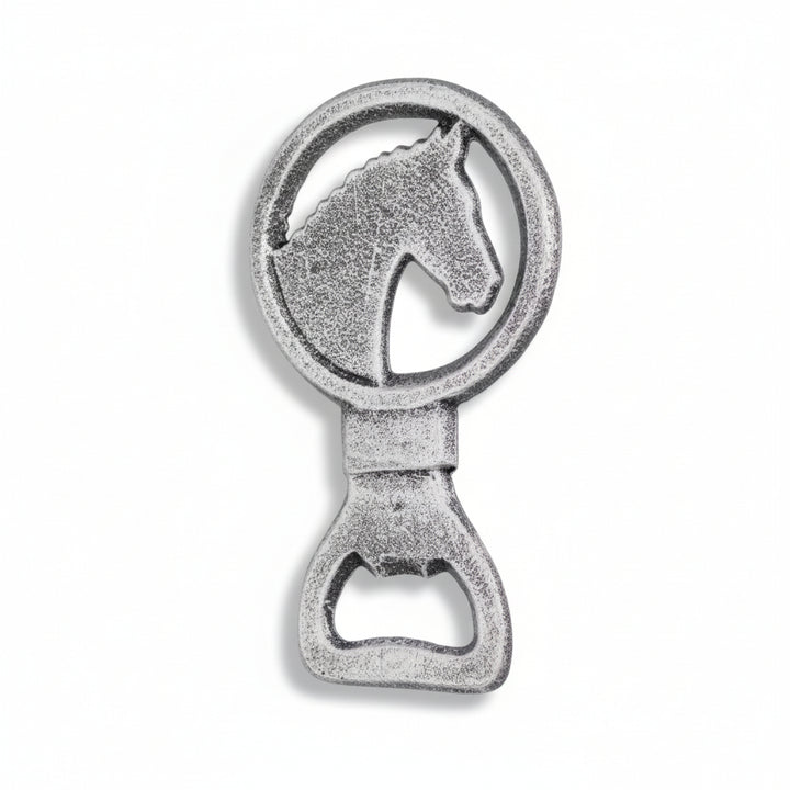 Metal bottle opener with horse design on a white background