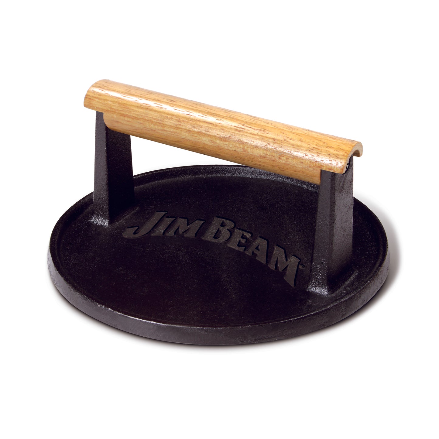 Top-down view of the Jim Beam® Cast Iron Burger Press showcasing the classic brand logo and solid wood handle.