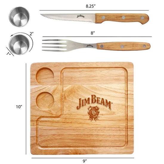 An infographic showing the dimensions of the Jim Beam serving board, knife, fork, and cups.