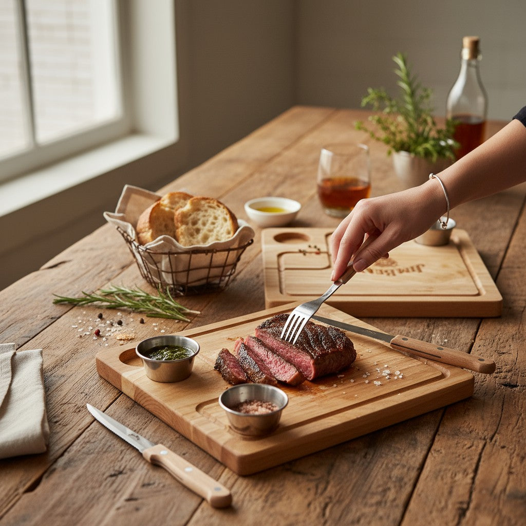 Person cutting into a steak on a Jim Beam serving board with bread and herbs in the background.