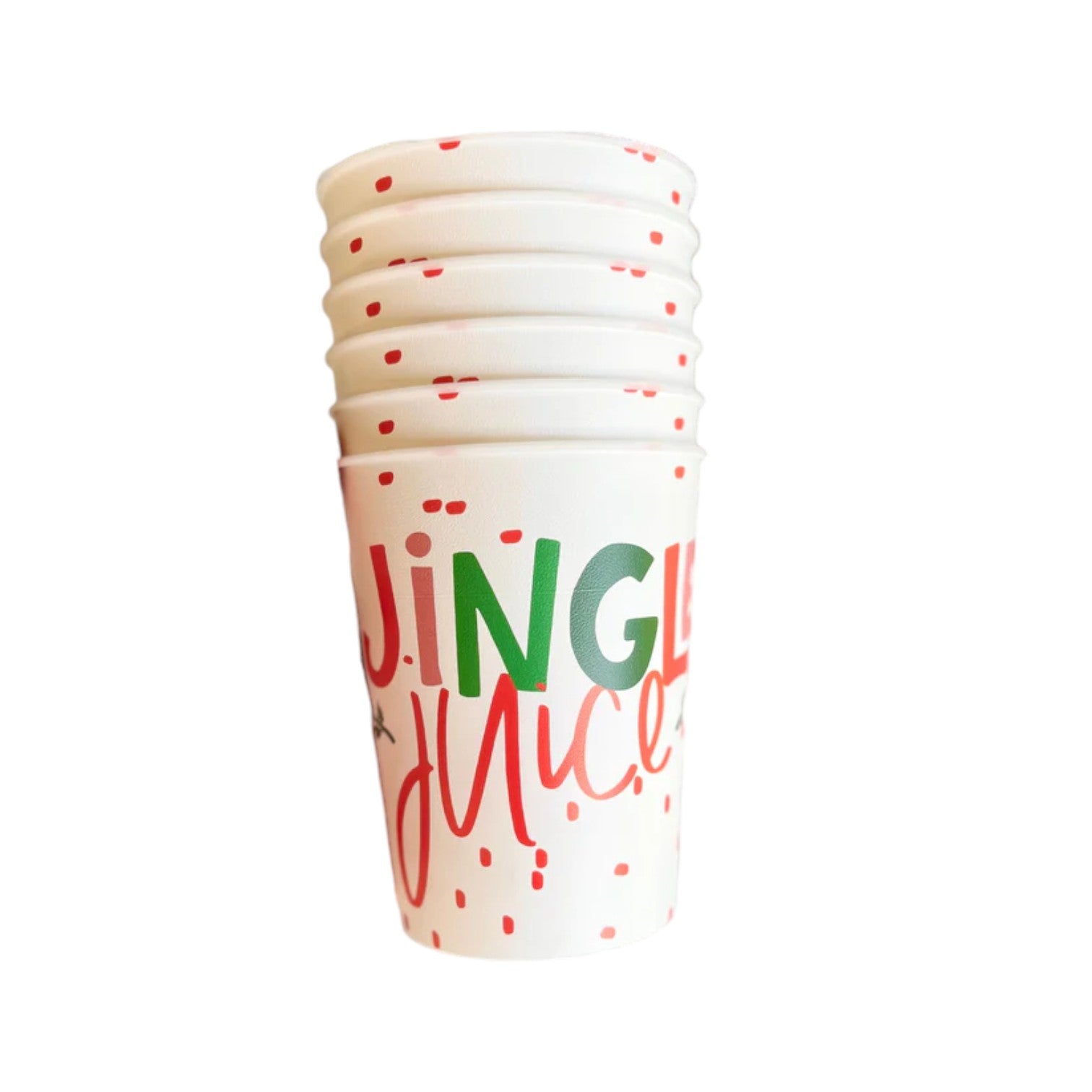 A festive white cup with red dots and "Jingle Juice" written in red and green.
