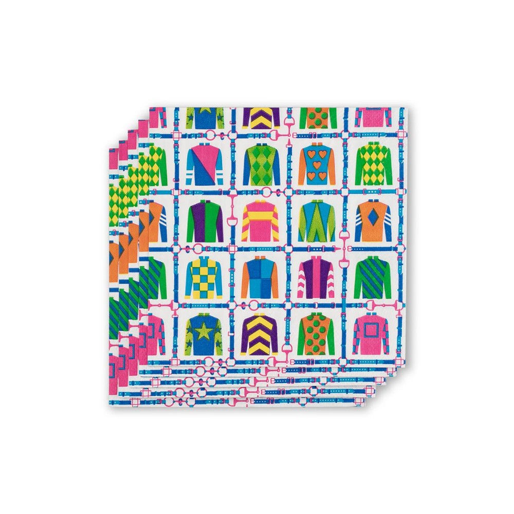 White paper cocktail napkin featuring a colorful pattern of jockey silks and bridles, perfect for Derby Day parties.