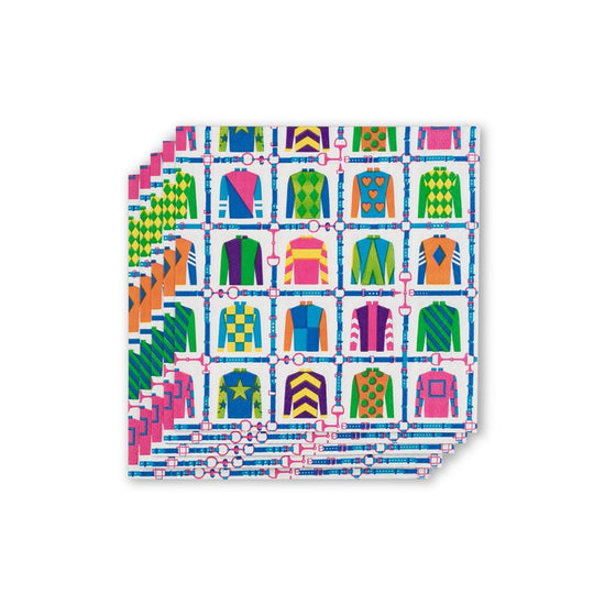 White paper cocktail napkin featuring a colorful pattern of jockey silks and bridles, perfect for Derby Day parties.