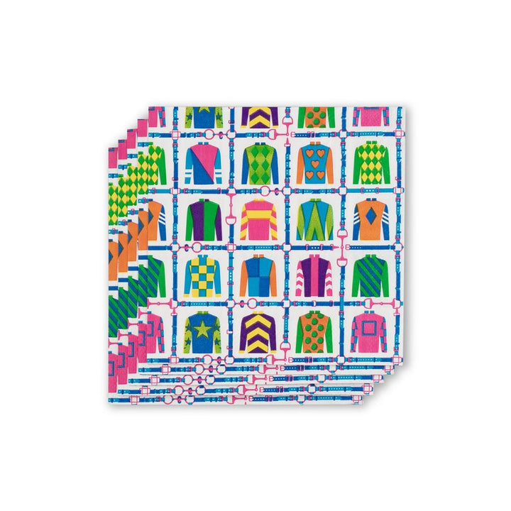 White paper cocktail napkin featuring a colorful pattern of jockey silks and bridles, perfect for Derby Day parties.