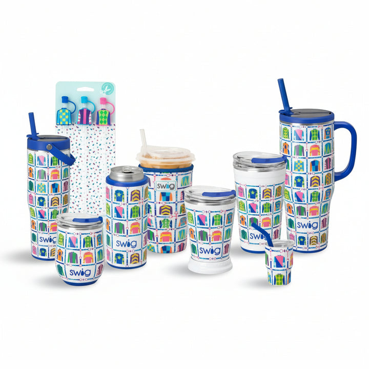 A group shot of the Swig Life Jockey Club Collection, showing various tumblers and coolers with a green horse racing print.