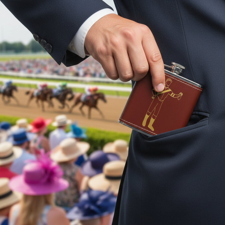A man in a suit placing the jockey-design faux leather flask into his jacket pocket at a horse race.