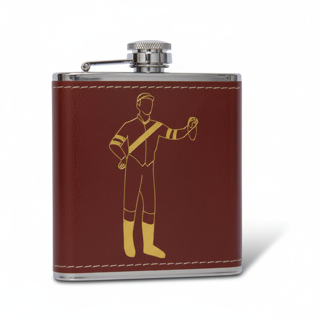 Flask with a jockey-design on a white background.