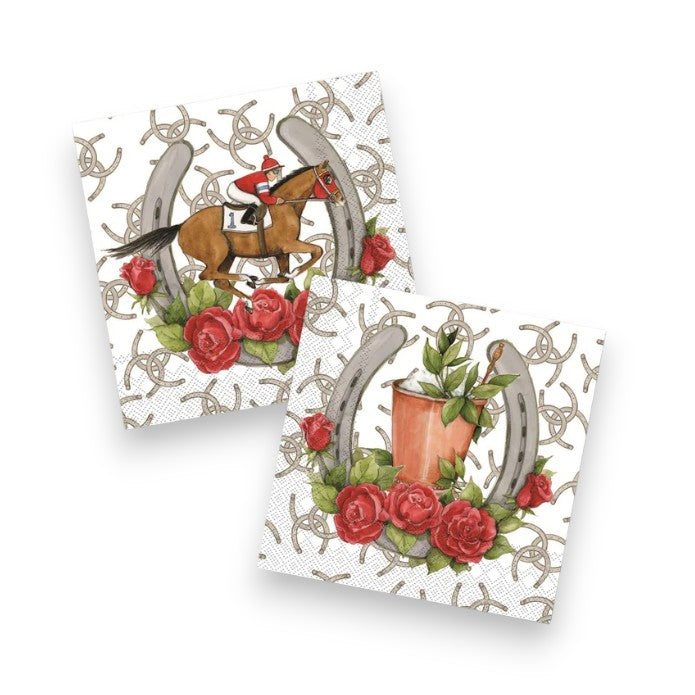 Jockey Juleps horse racing paper beverage napkins with a charming horse racing and mint julep design, perfect for Kentucky Derby parties.