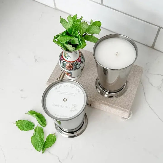 Two silver candle holders with white candles on a white surface, one holding a small plant.