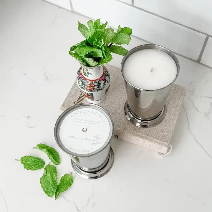 Two silver candle holders with white candles on a white surface, one holding a small plant.