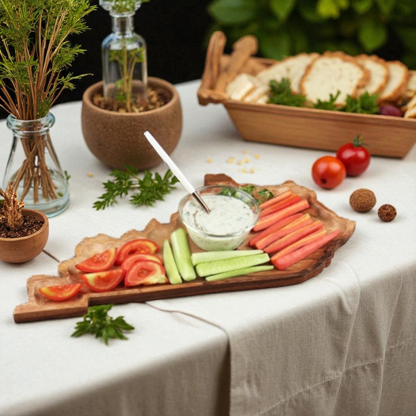 Platter of sliced vegetables with dip on a table with bread and plants.