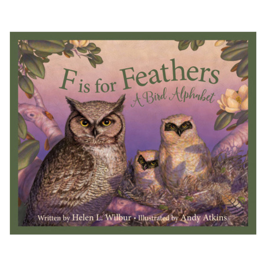 Book cover of 'F is for Feathers' with owls and floral elements