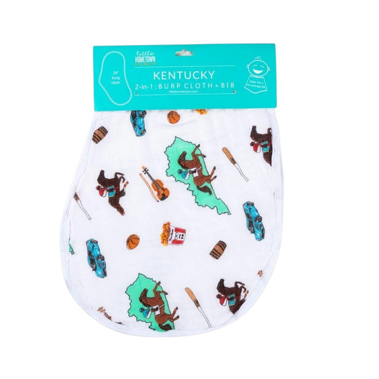 Kentucky-themed burp cloth with map design and Little Hometown branding.