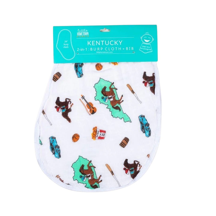 Kentucky-themed burp cloth with map design and Little Hometown branding.