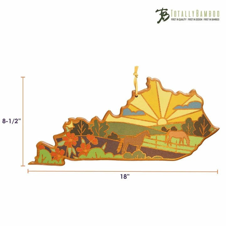 Decorative wall art shaped like Kentucky with a sunset and horse scene, featuring Totally Bamboo logo.