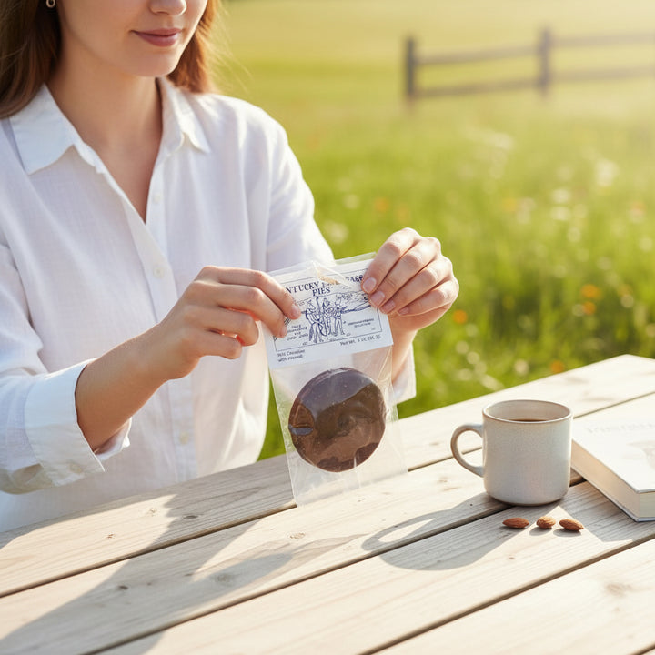 Person holding the Kentucky Bluegrass Pie in its Milk Chocolate with Almonds outdoors with a cup and book on a wooden table.