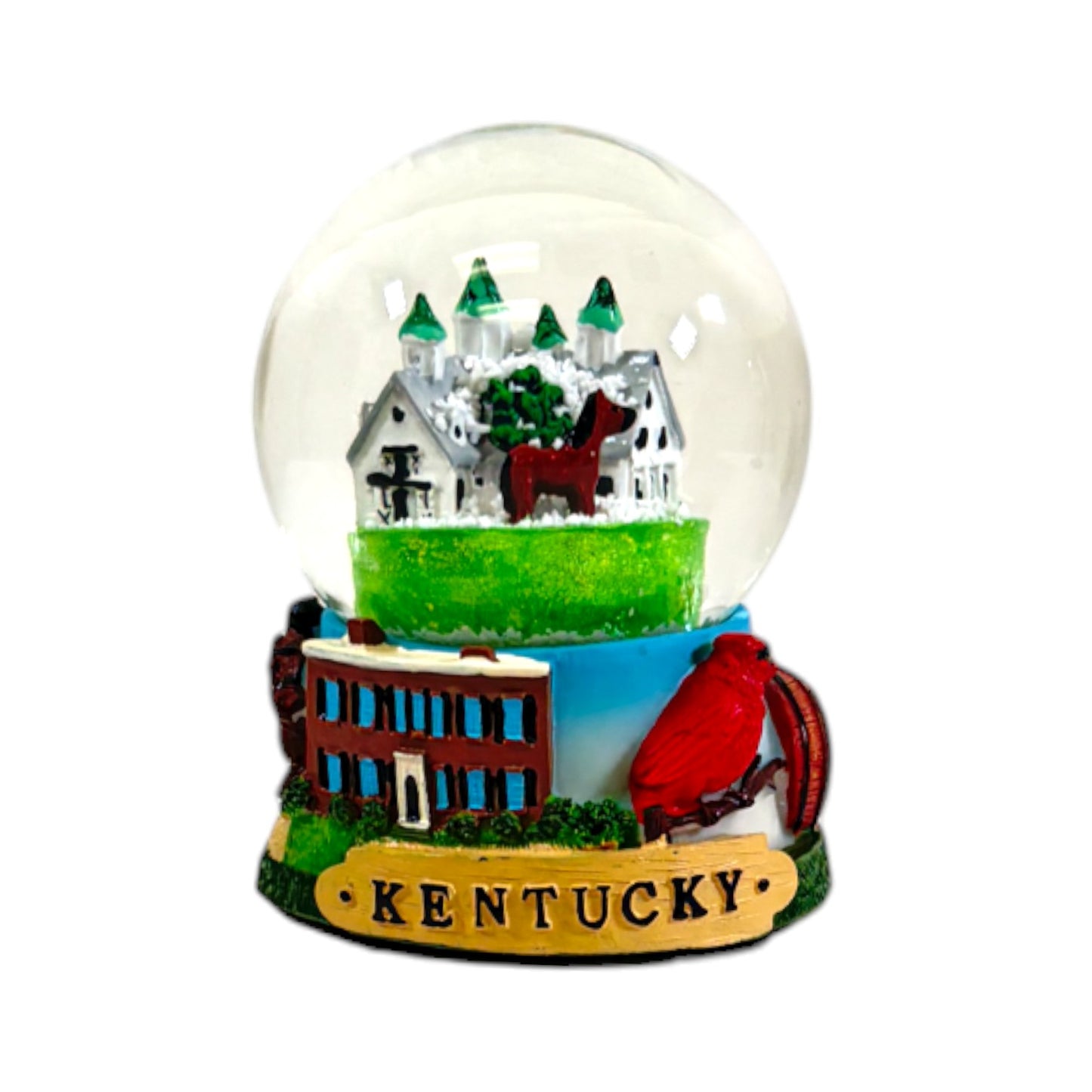 Kentucky-themed snow globe with horse and stable design on a white background