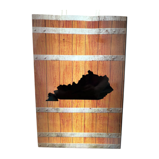 Wooden barrel with a black silhouette of Kentucky on a white background