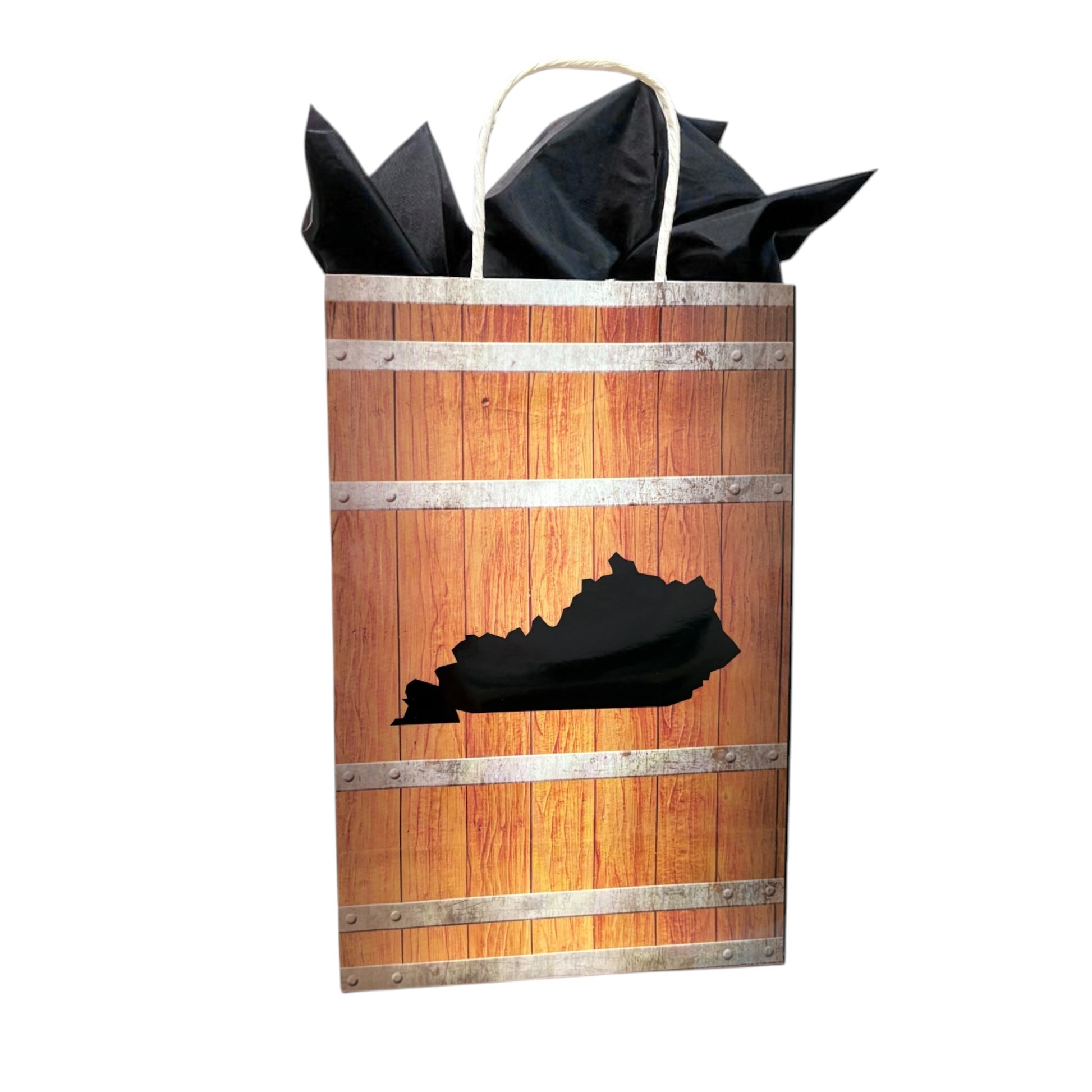 Gift bag with wooden barrel design and black interior