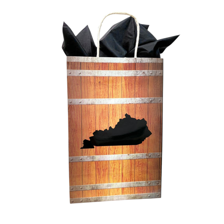 Gift bag with wooden barrel design and black interior