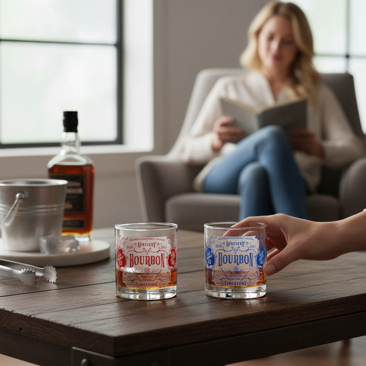 The Bourbon Origins glass on a wooden surface with a neat pour of whiskey.