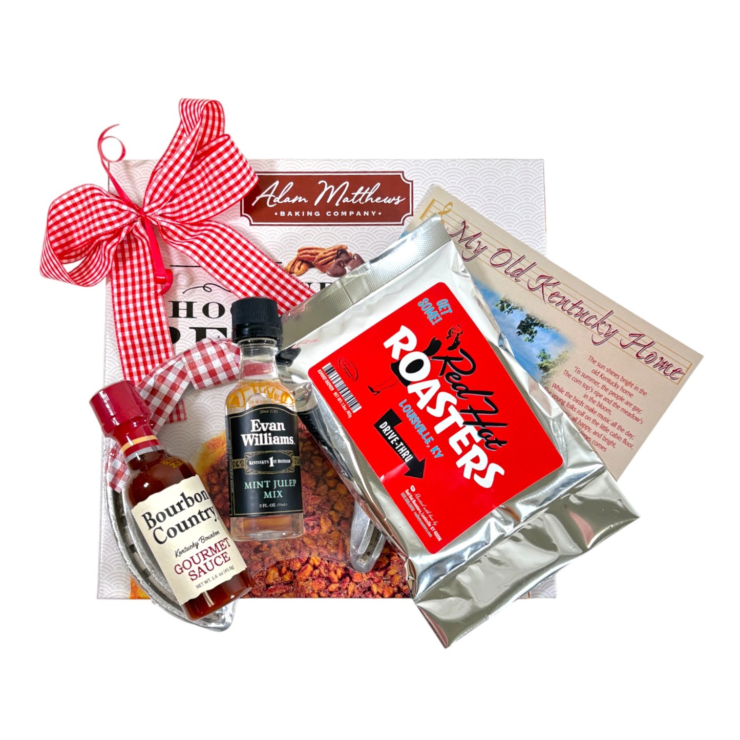 The Kentucky Bourbon Pecan Pie Gift Set displayed with a chocolate chip pecan pie, coffee, and bourbon sauces.