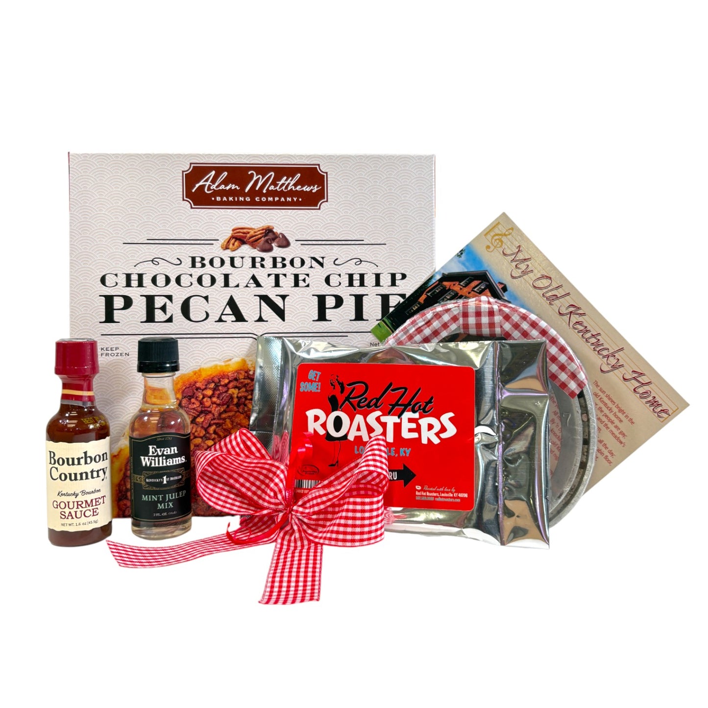 The Kentucky Bourbon Pecan Pie Gift Set displayed with a chocolate chip pecan pie, coffee, and bourbon sauces.
